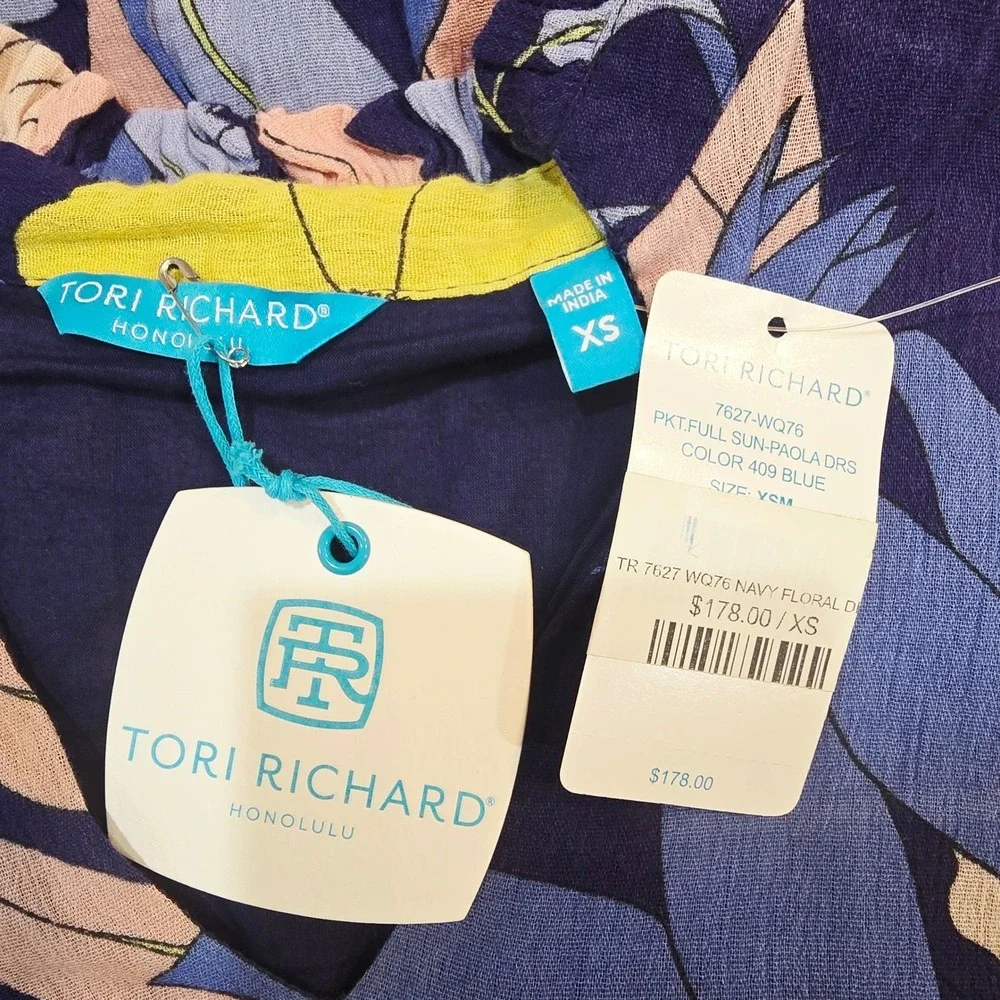 NWT Tori Richard Paola Dress Navy Blue Floral Cotton Rayon Tiered XS 7627-WQ76 - Picture 5 of 8